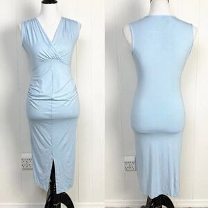 ASOS Light Blue Pastel V Neck Split Front Bodycon Dress Ruched Maternity Size 2